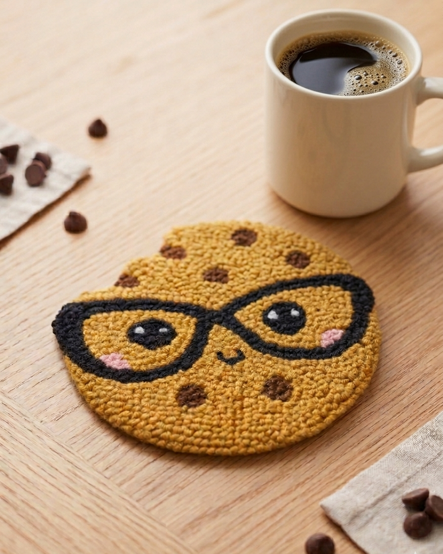 Cookie-shaped punch needle art with glasses on a beige background with yarn and scissors.