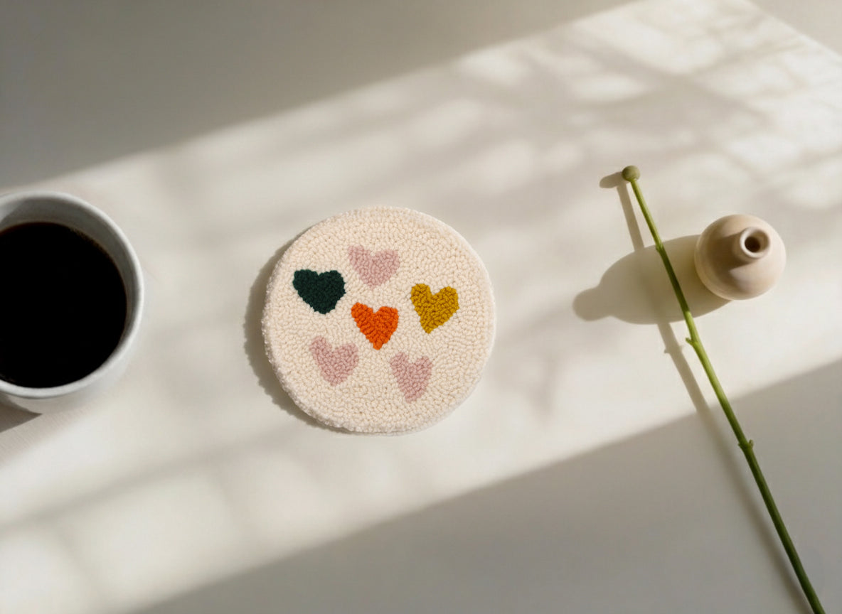 Four round punch needle coasters with abstract and botanical designs by Kozi Crafts - heart