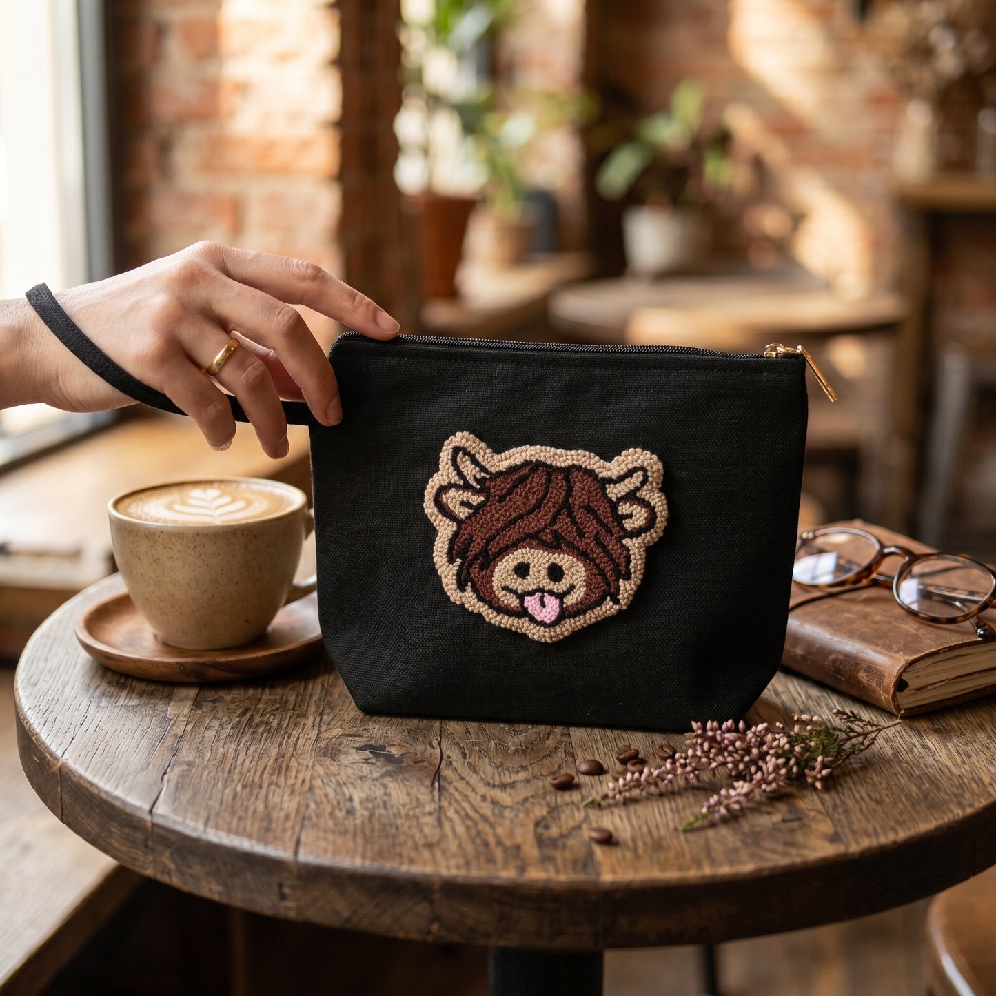 A black fabric zip pouch with a cartoon monkey patch on the front, held by a hand over a rustic wooden table in a cozy cafe setting.