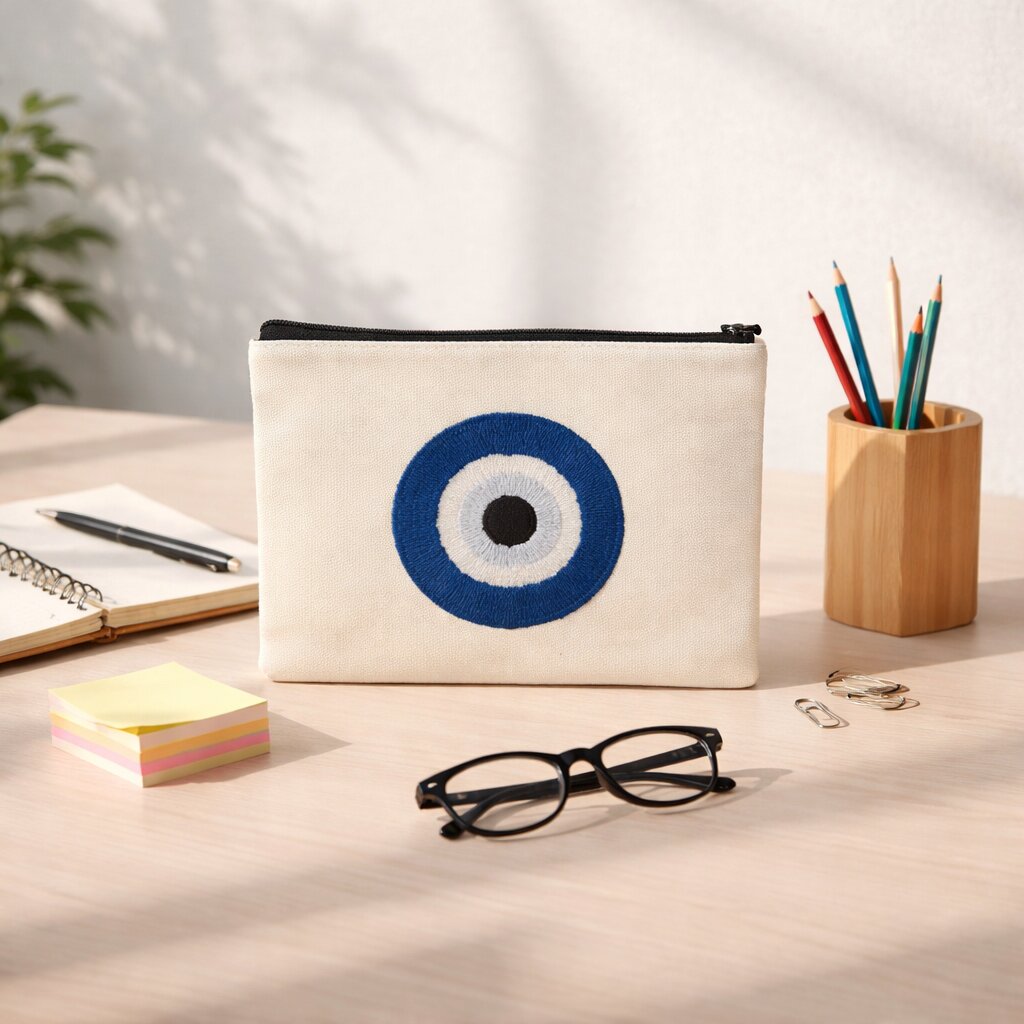 Blue Evil Eye Canvas Makeup Pouch