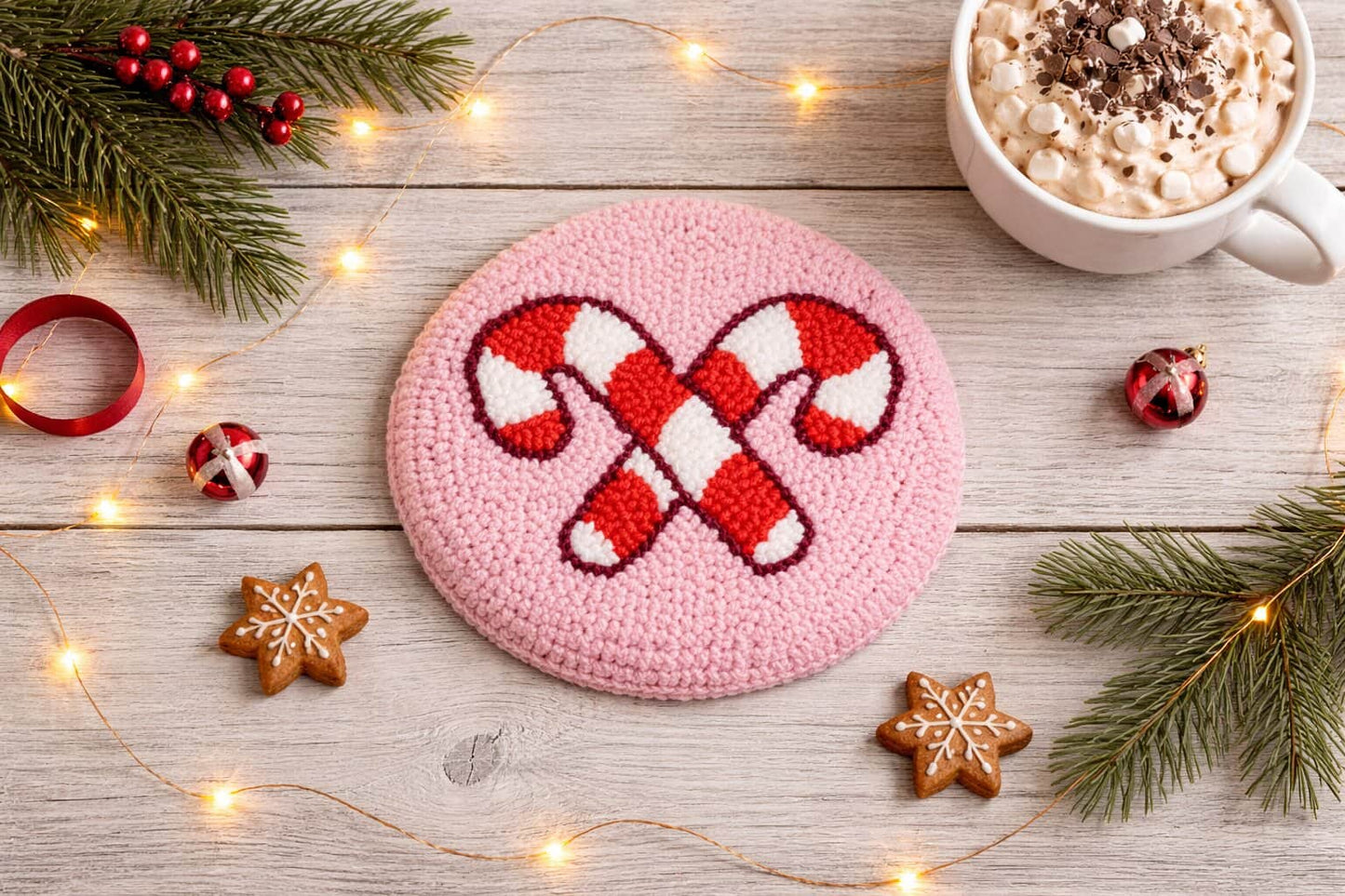 Candy cane punch needle coaster on Christmas table