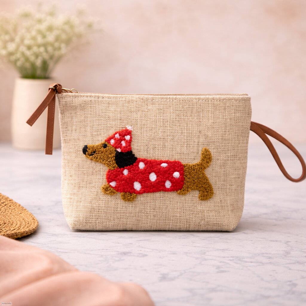 Handmade polka dot sausage dog punch needle jute clutch bag
