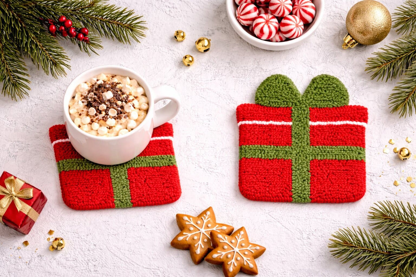 Christmas present punch needle coaster on festive table