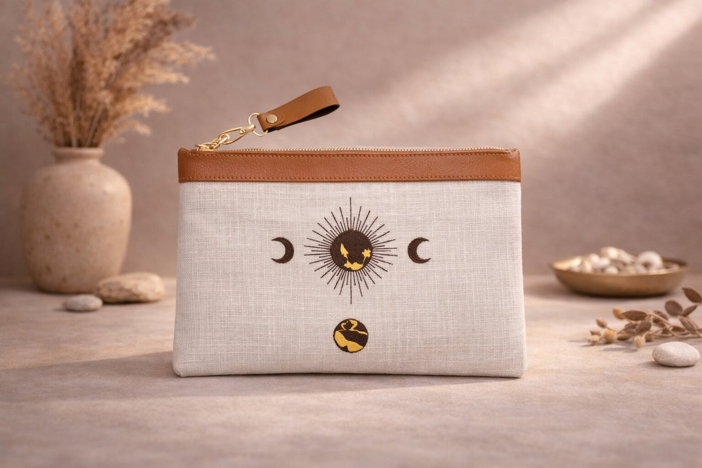 Celestial Sun & Moon Punch Needle Flat Clutch