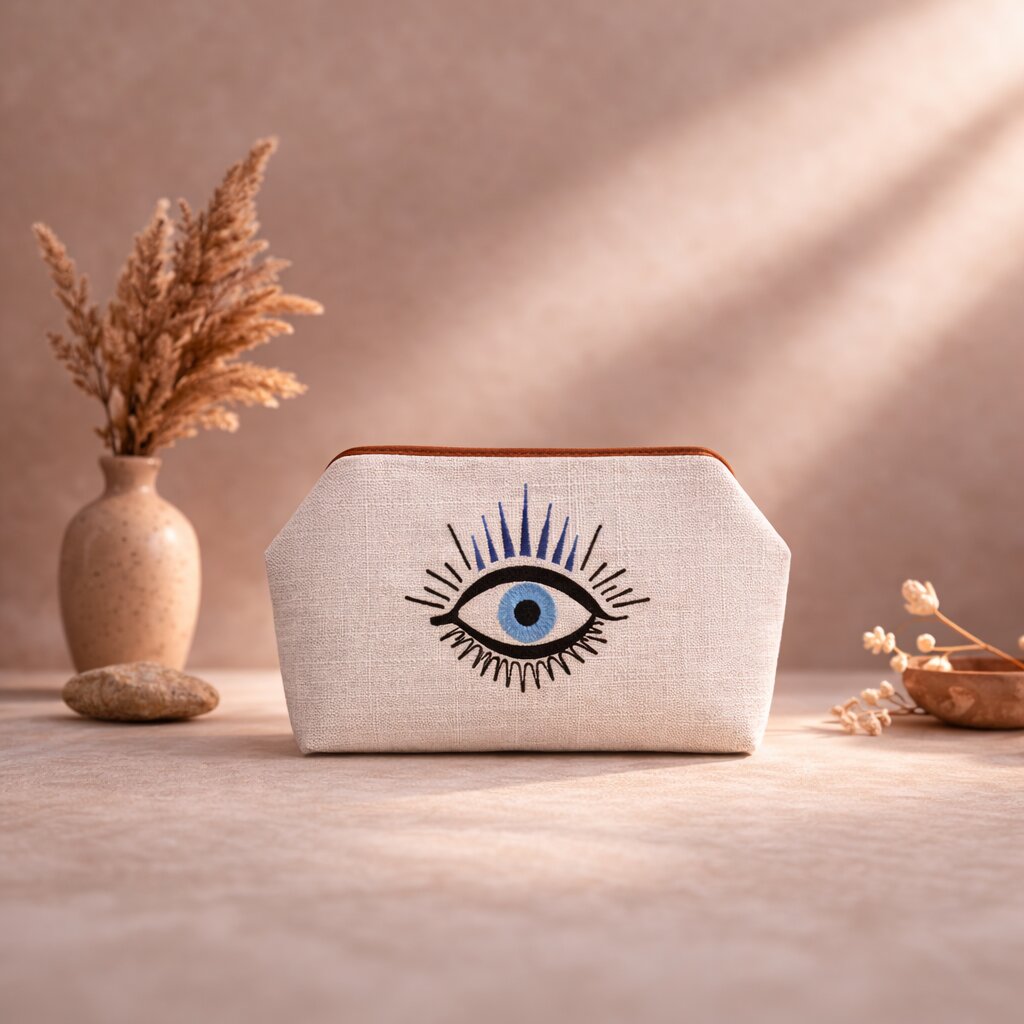 Handmade radiant evil eye punch needle jute clutch bag