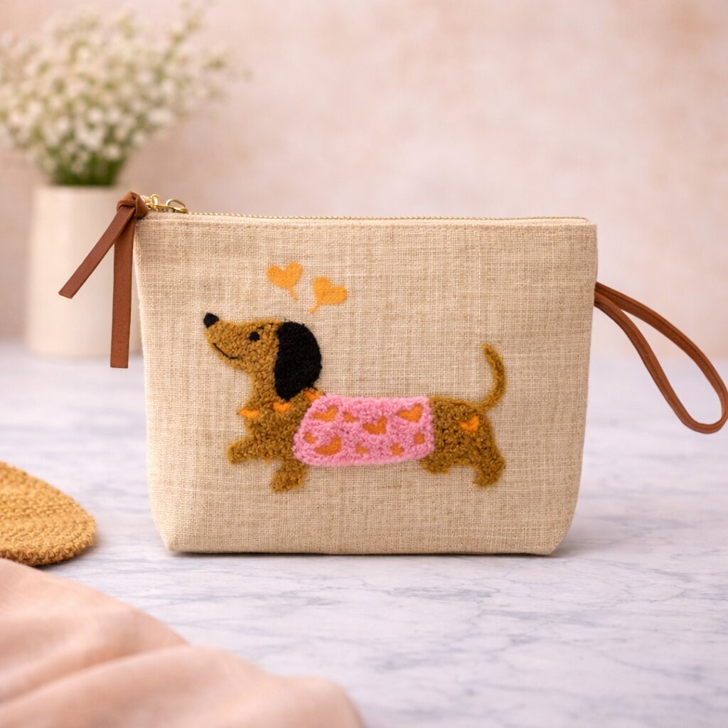 Sausage Dog Pink Coat Punch Needle Jute Clutch Bag