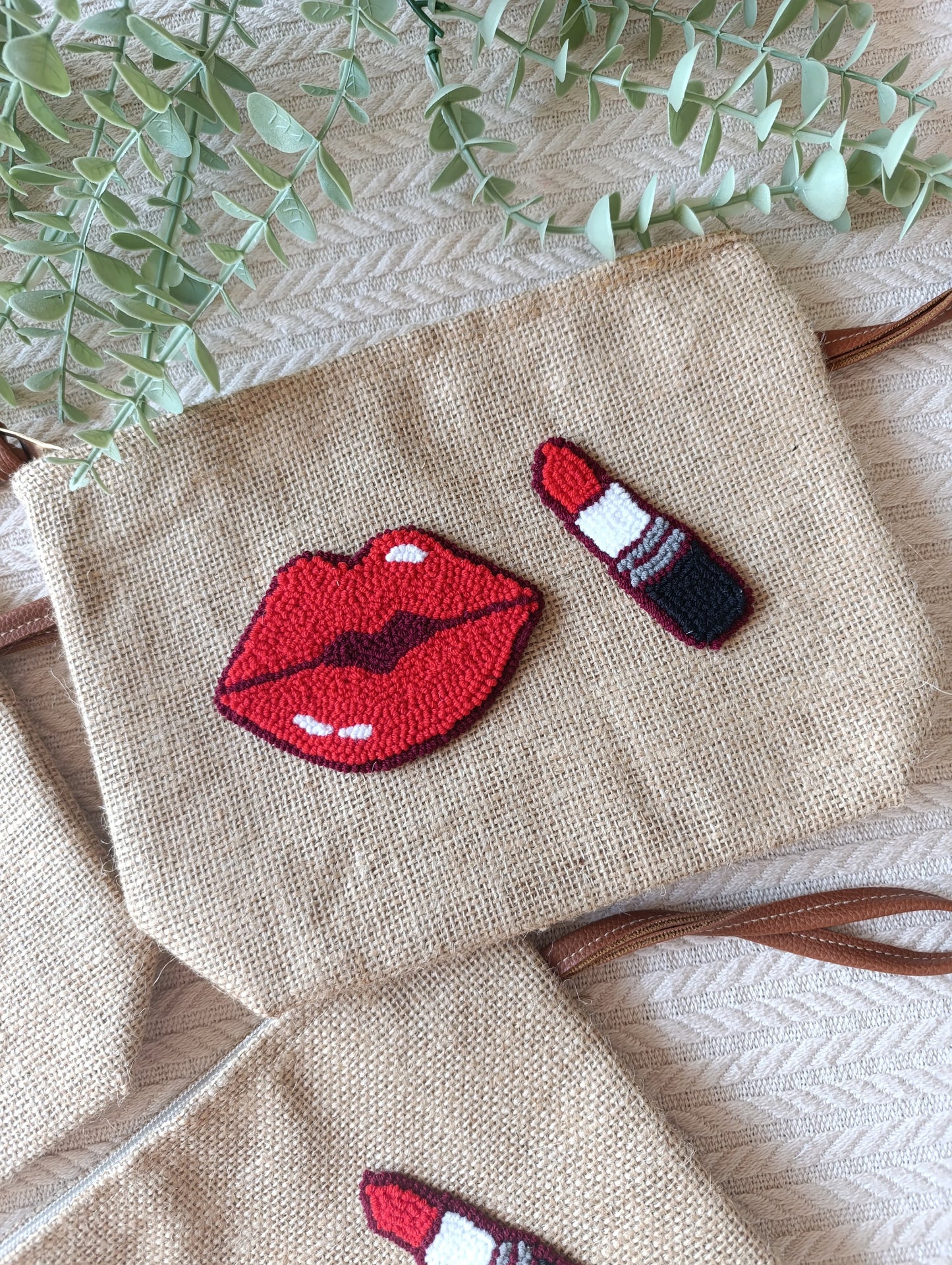 Handmade Punch Needle Clutch – Red Lip & Lipstick Design | Water-Resistant & Stylish
