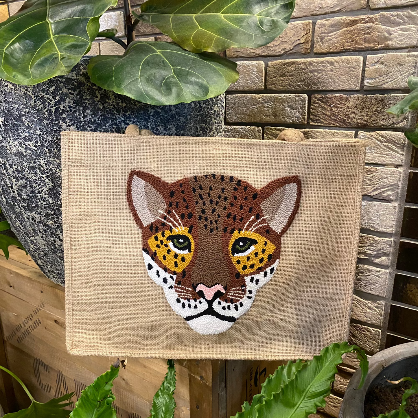 Handmade Punch Needle Shoulder Bag β Leopard Design | Water-Resistant