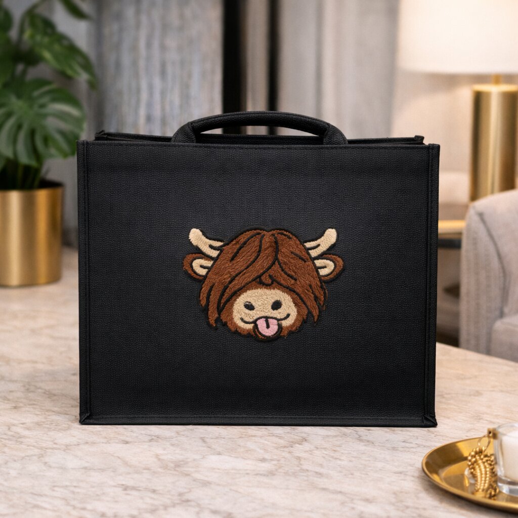 Jute Highland Cow Punch Needle Shoulder Bag