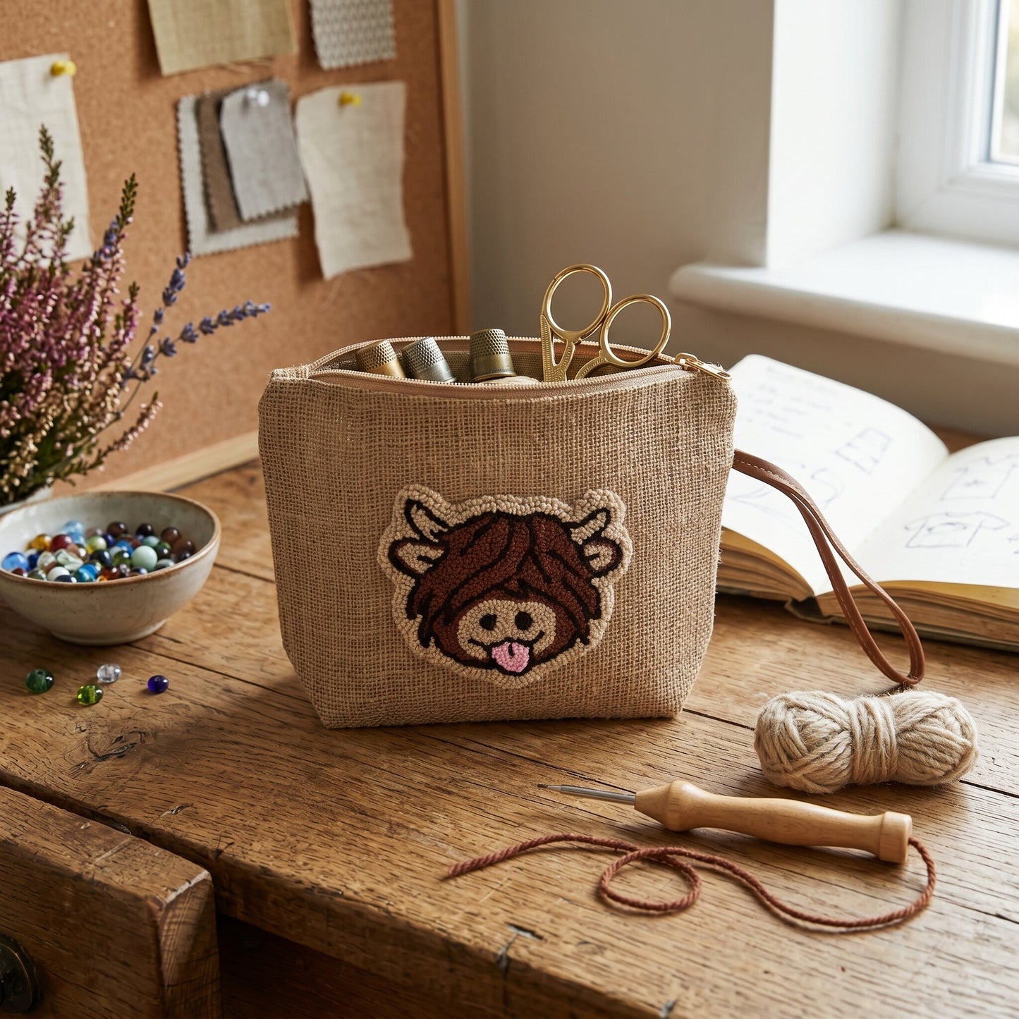 Highland Cow Punch Needle Clutch Bag | Natural Jute