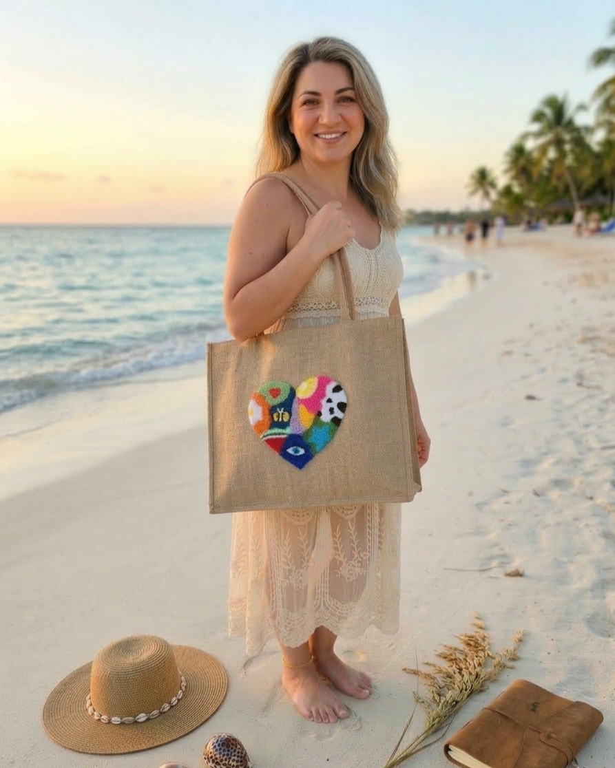 Woman holding a tote bag with a colorful heart design on a beach.