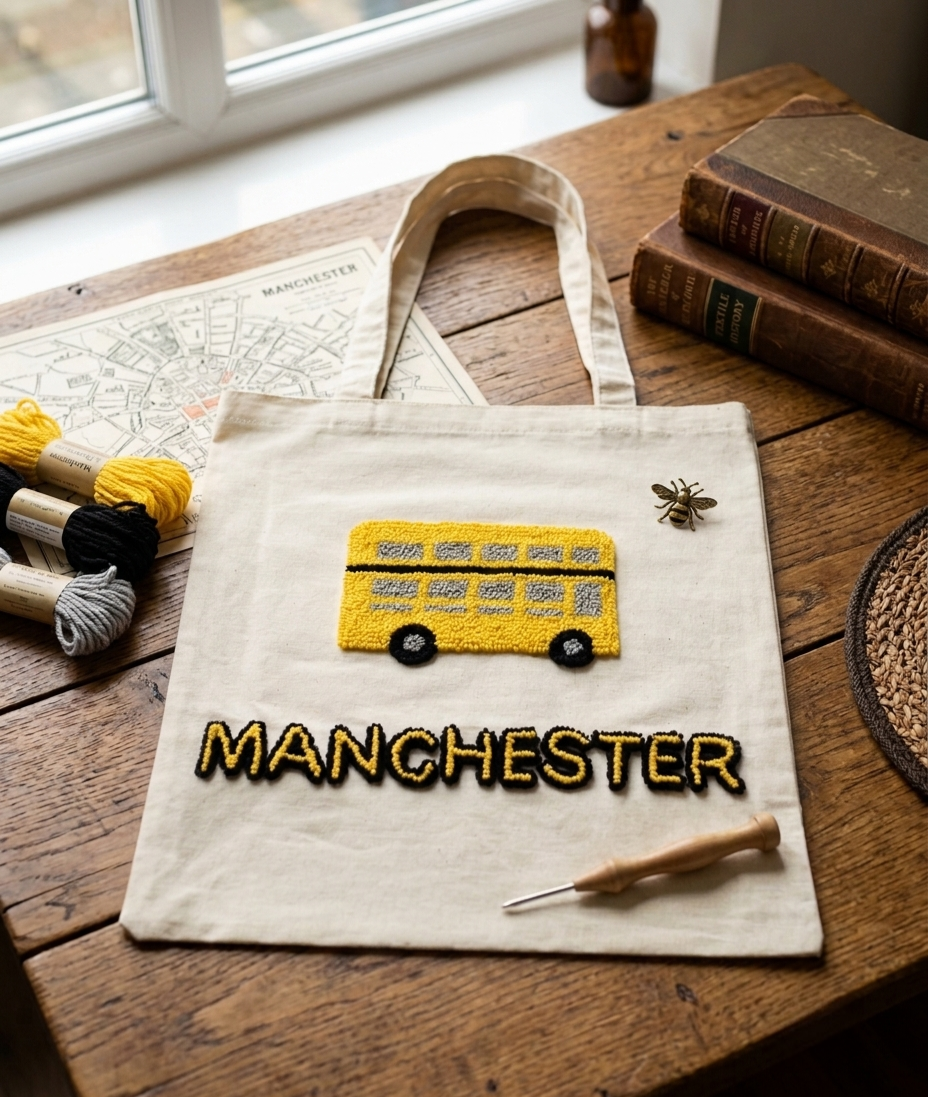Manchester bus tote bag with handmade punch needle yellow double-decker bus design and Manchester lettering, laid on a wooden table