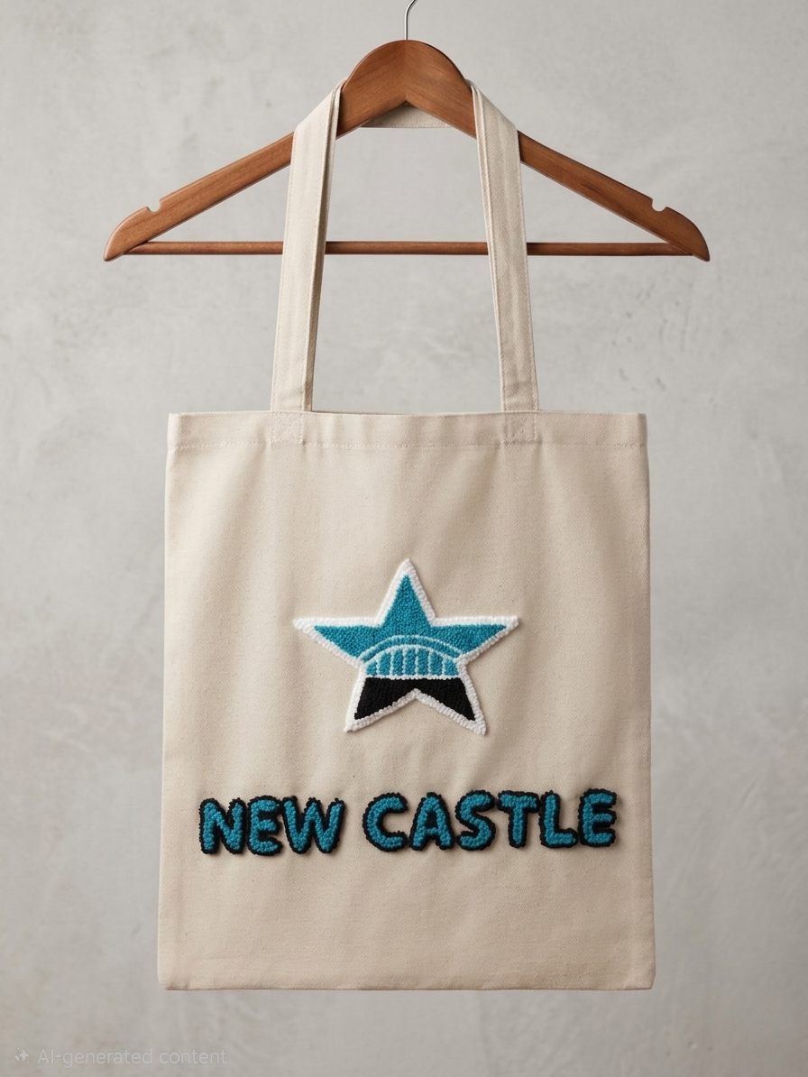 Newcastle tote bag with handmade punch needle star and bridge design and New Castle lettering, hanging on a wooden hanger