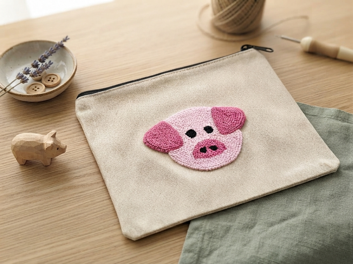 Pink Pig Canvas Pouch | Embroidered Zip Makeup & Travel Bag