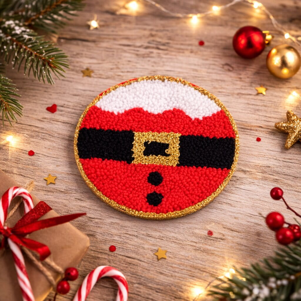 Santa belly punch needle coaster on festive table