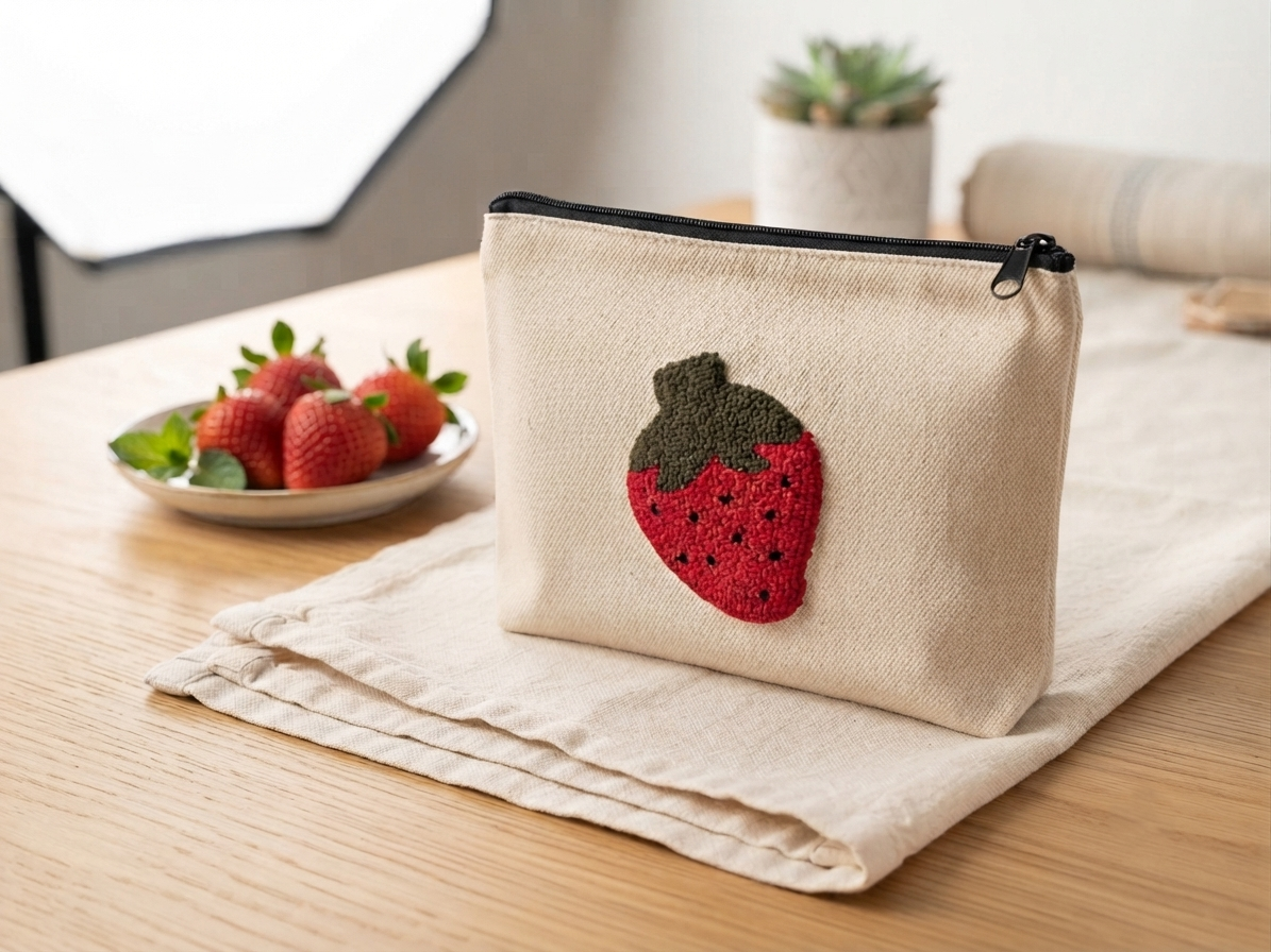 A beige canvas zip pouch with a red and green strawberry applique on the front, resting on a folded cream linen cloth on a wooden table. A small plate of fresh strawberries and a potted succulent are blurred in the background.