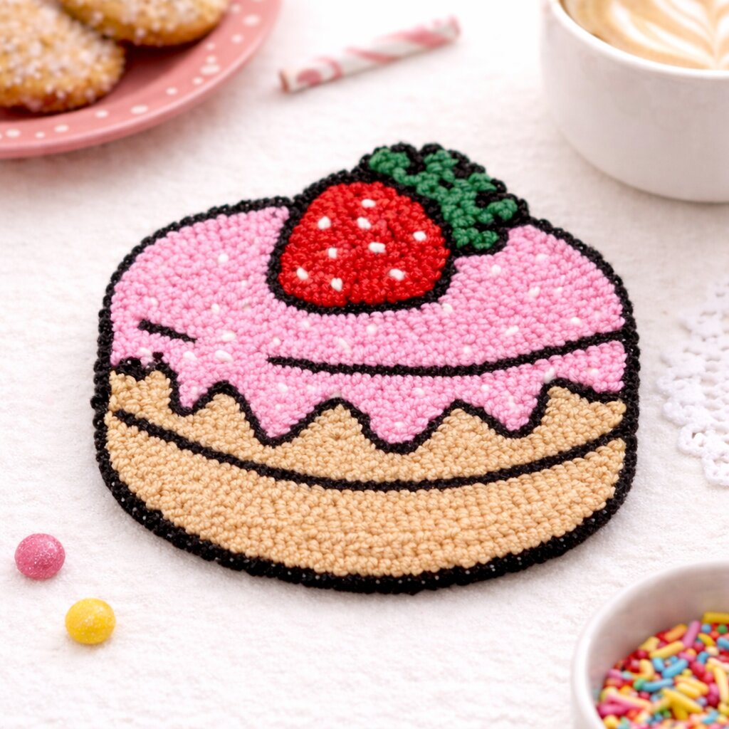 Strawberry cake punch needle coaster styled on a table with coffee