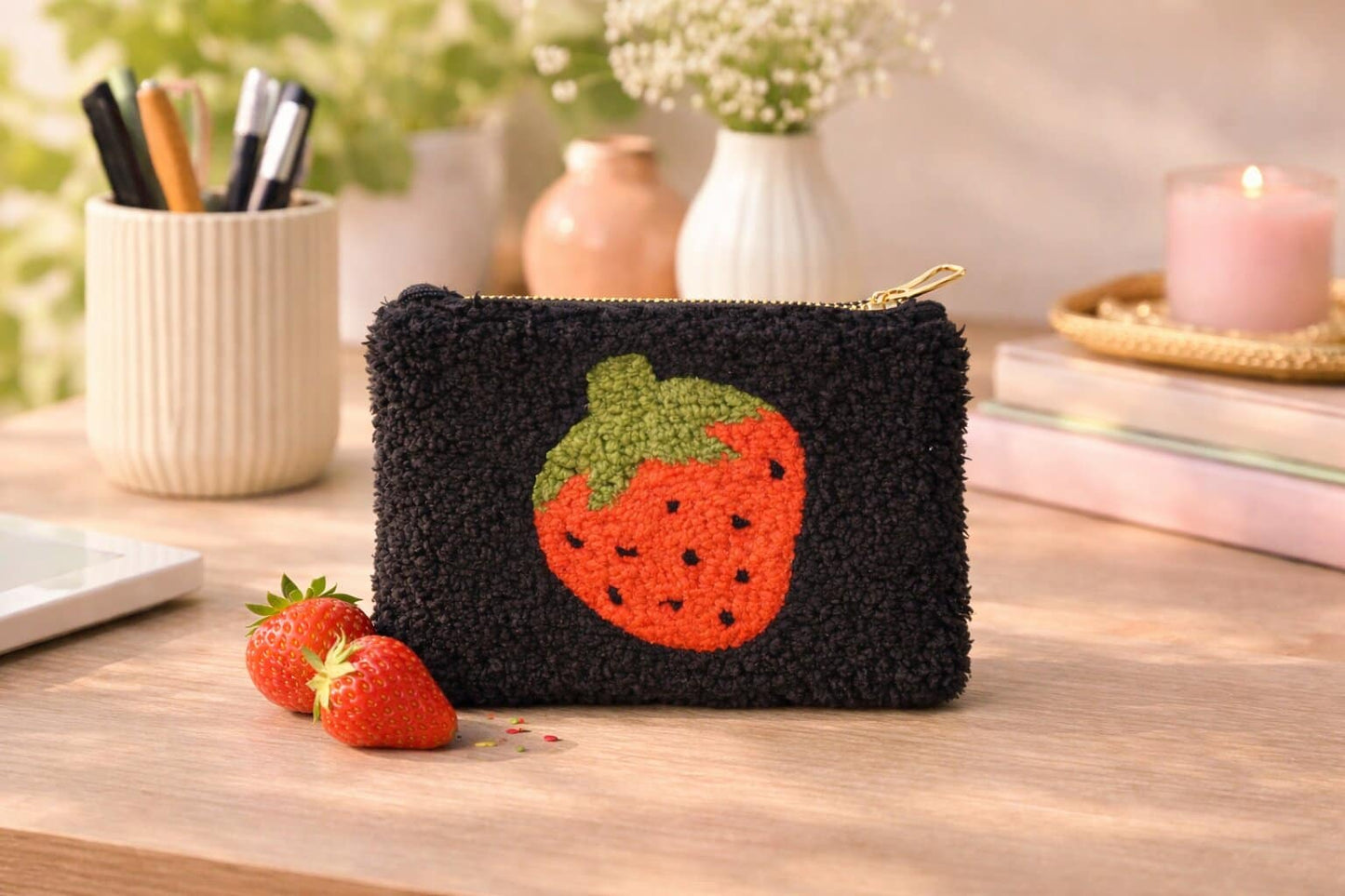 Strawberry Teddy Pouch - Handmade Plush Zip Bag