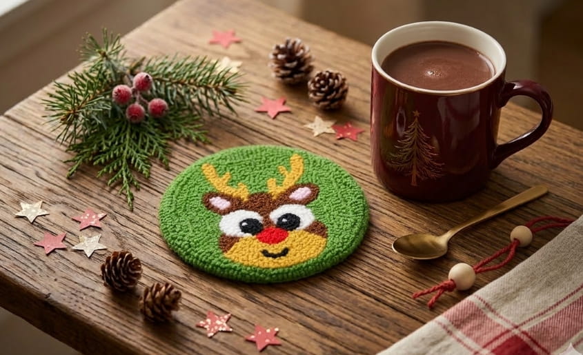 Crocheted reindeer coaster on a textured surface with Christmas decorations.