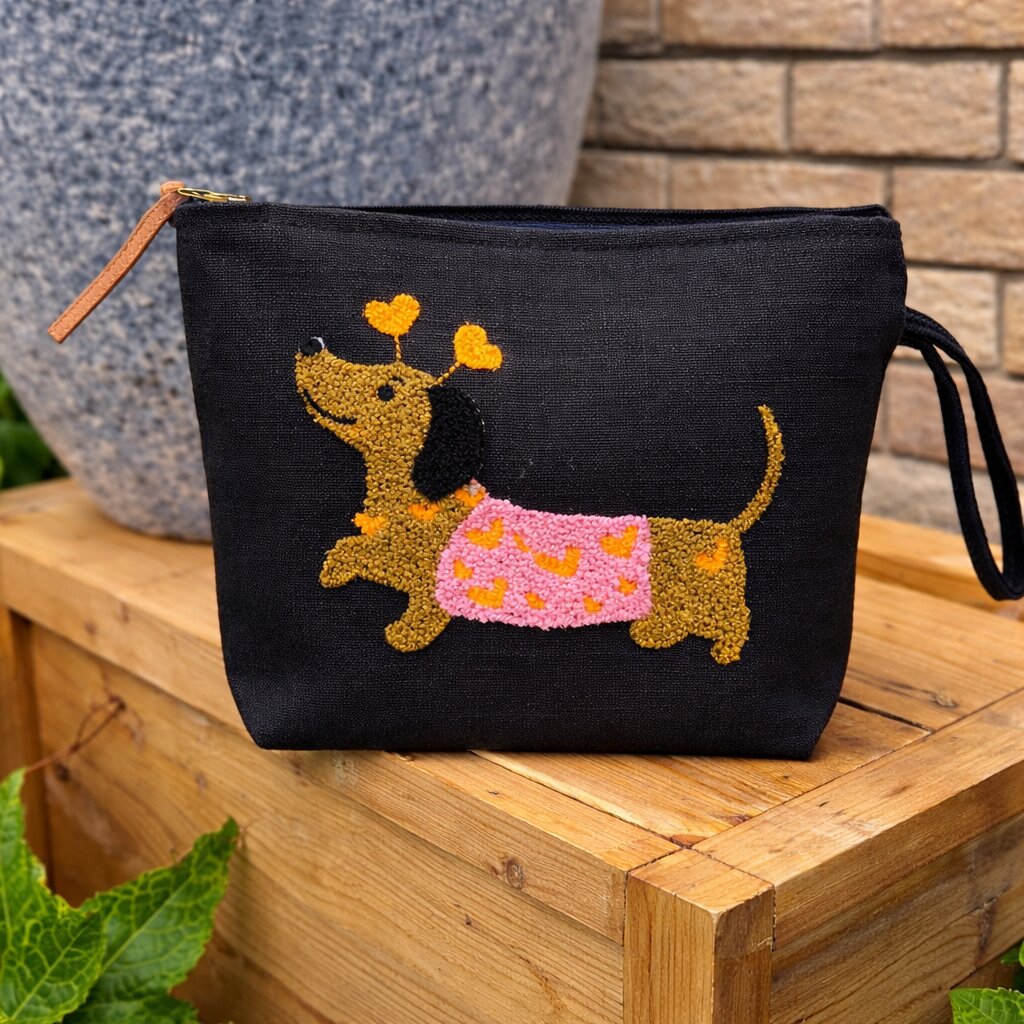 Valentine dachshund punch needle clutch bag