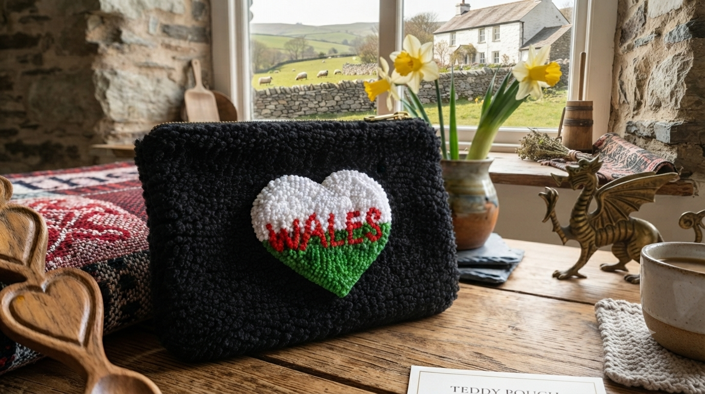 A black textured teddy bag with a crocheted heart patch featuring the word 'Wales' in red on a white and green background, displayed on a rustic wooden table in a cozy room setting.