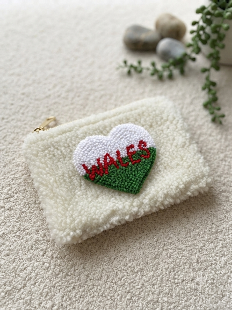 Handmade Wales Teddy Pouch | Welsh Flag Heart Punch Needle Zip Bag | Soft Cosmetic & Travel Pouch