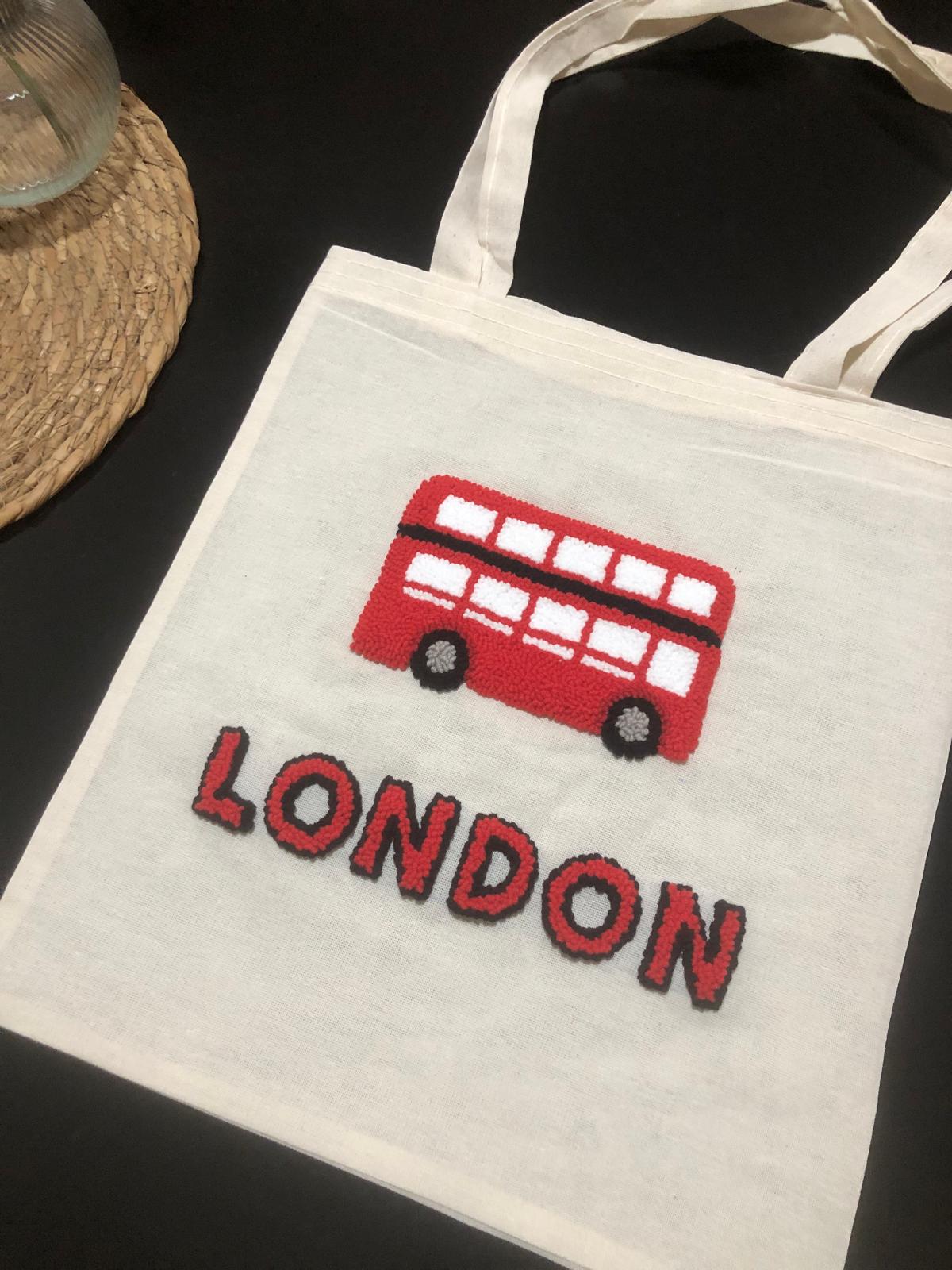 HANDMADE PUNCH NEEDLE TOTE BAG - LONDON BUS