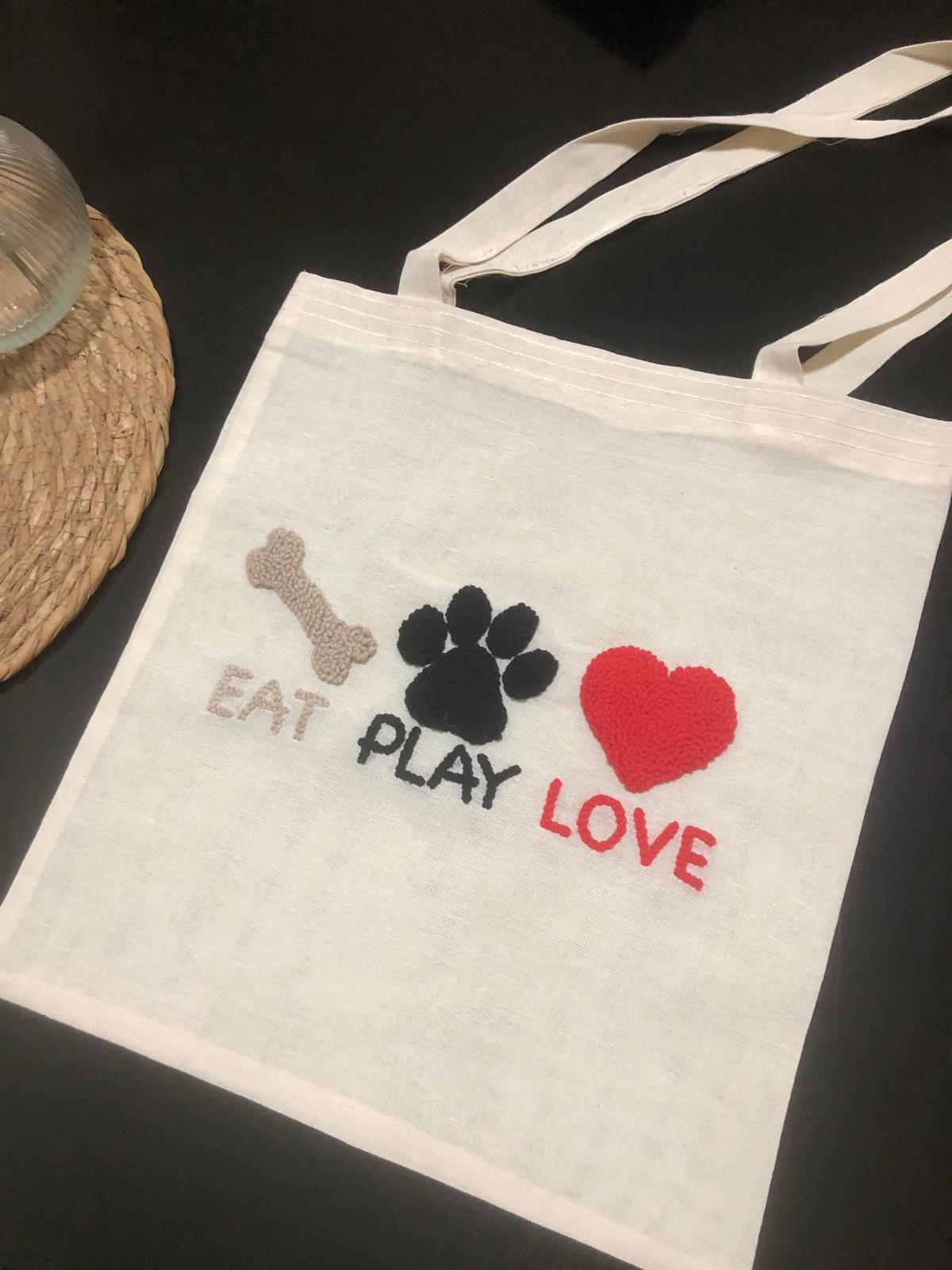 HANDMADE PUNCH NEEDLE TOTE BAG - EAT PLAY LOVE
