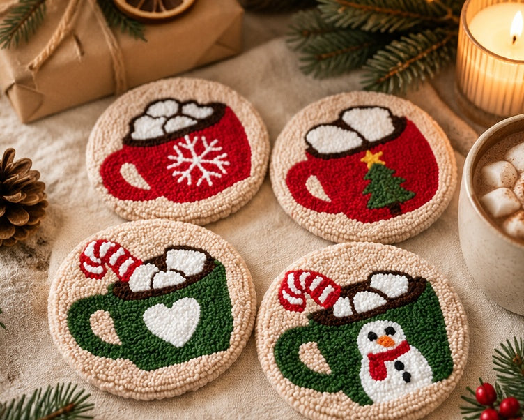 Four round hand-painted punch needle coasters featuring holiday hot cocoa designs, arranged on a beige fabric surface with festive props including pine branches, a wrapped gift, a lit candle, and a mug of marshmallows.