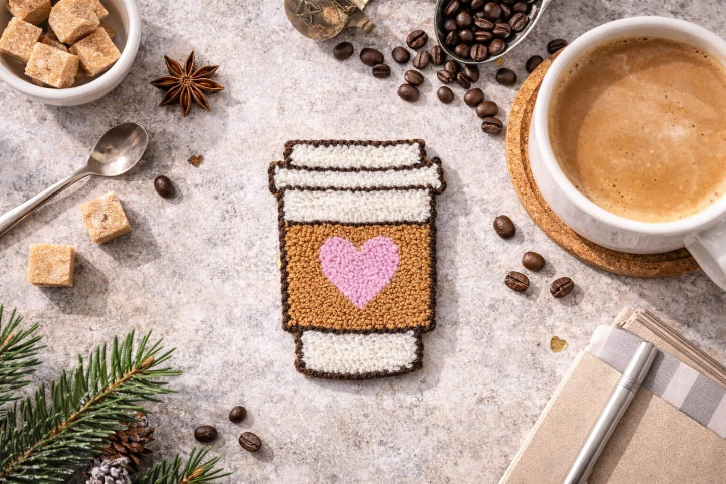 coffee heart punch needle coaster handmade in cotton yarn