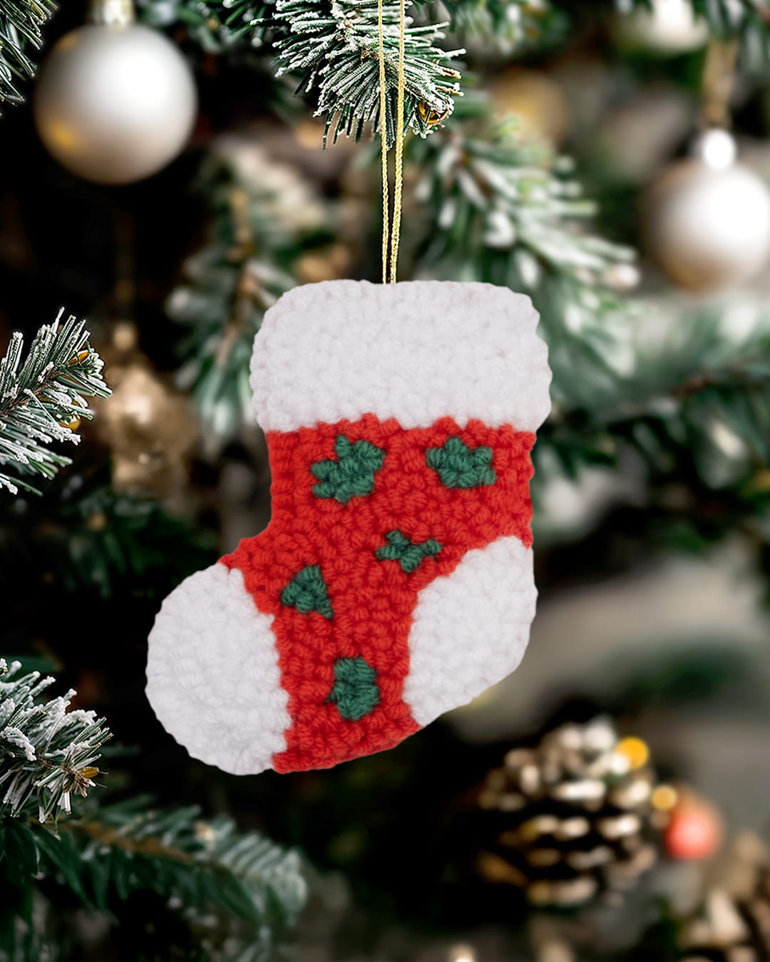 Punch Needle Green Dot Mitten & Stocking Ornament