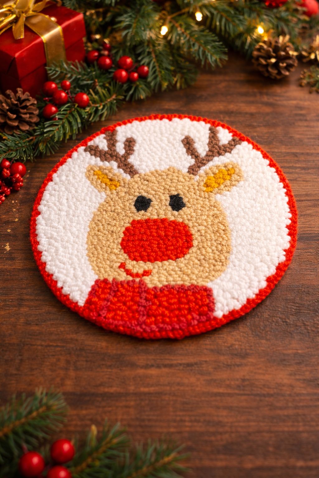 Decorative reindeer mat on a wooden surface with Christmas decorations.