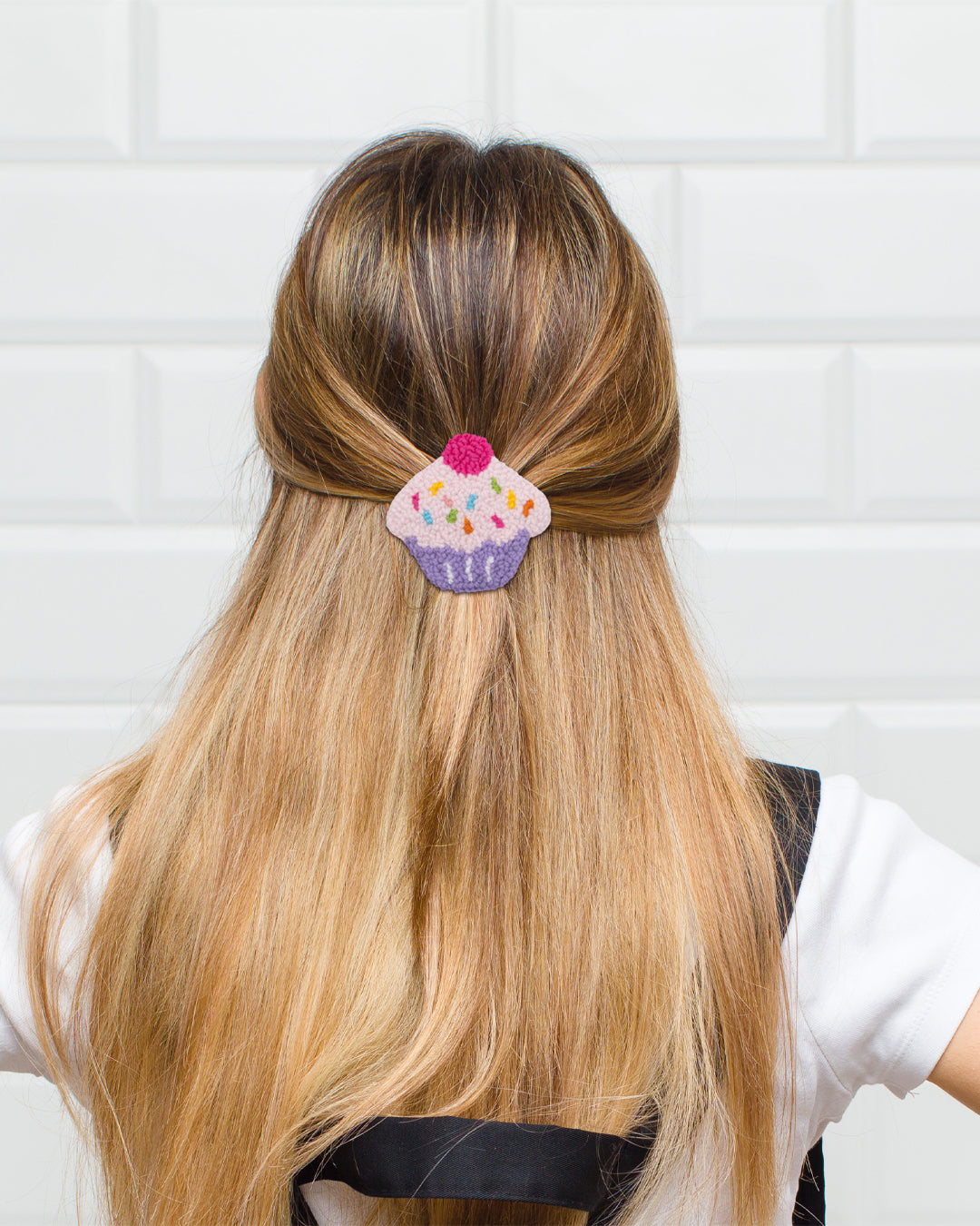 Purple cupcake embroidered hair clip 7.5 cm