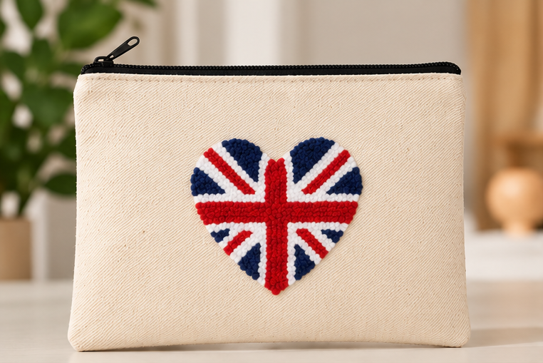 A cream-colored canvas zippered pouch featuring a heart-shaped Union Jack design on the front, set against a softly blurred indoor background.