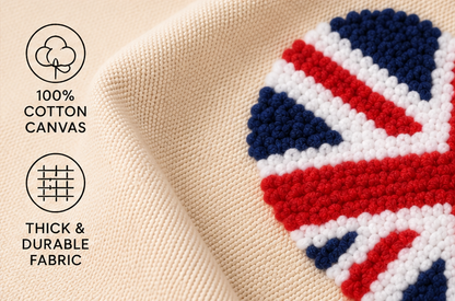 Close-up of a cream-colored woven fabric with a Union Jack flag motif in red, white, and blue. Text on the left highlights 100% cotton canvas and thick durable fabric.