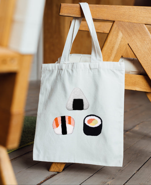 Sushi punch needle canvas tote bag on natural cotton