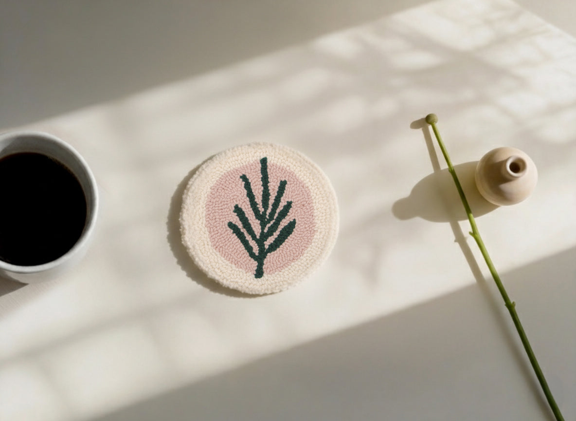 Four round punch needle coasters with abstract and botanical designs by Kozi Crafts - leaf