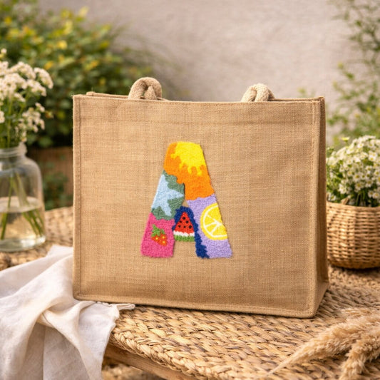 Natural jute structured tote with colourful letter A design