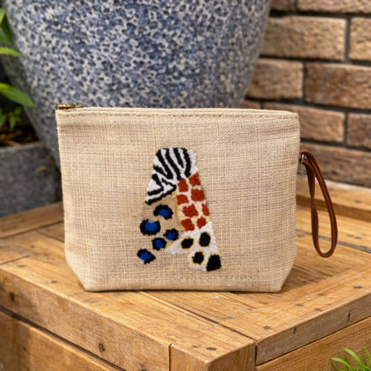 Alphabet Animal Print Punch Needle Jute Clutch Bag