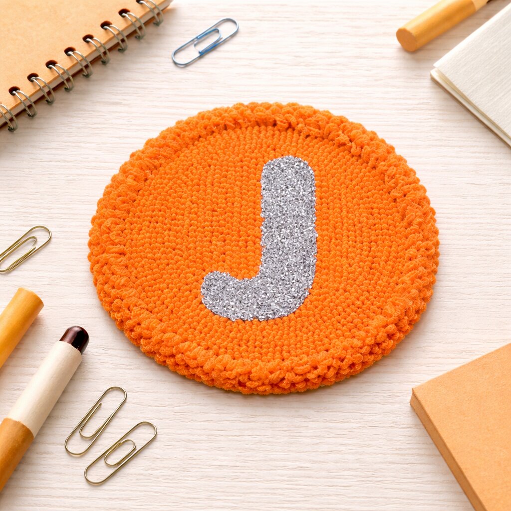 Alphabet J letter punch needle coaster styled on a table with coffee