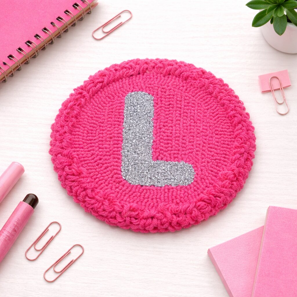 Alphabet L letter punch needle coaster styled on a table with coffee