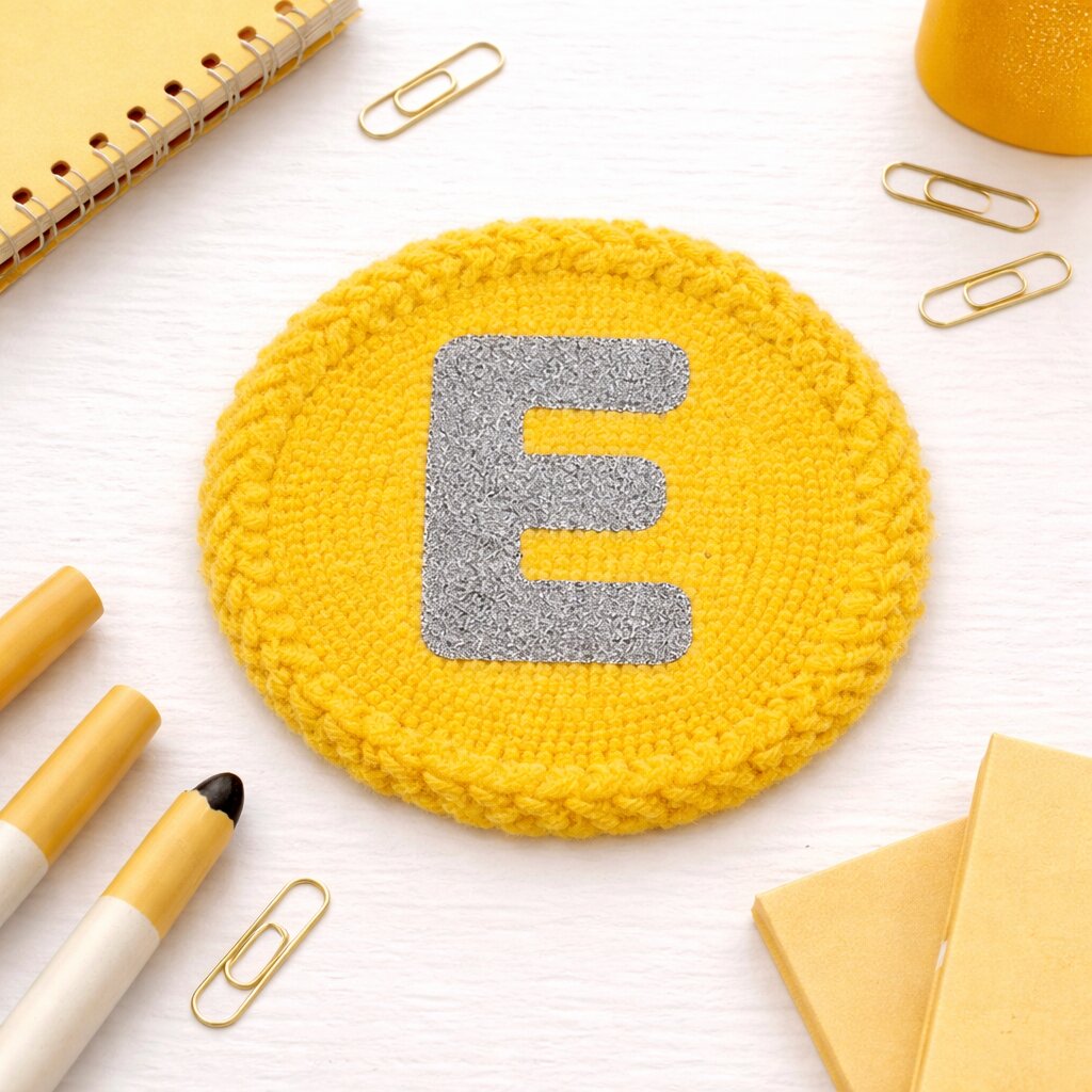 Alphabet E letter punch needle coaster styled on a table with coffee