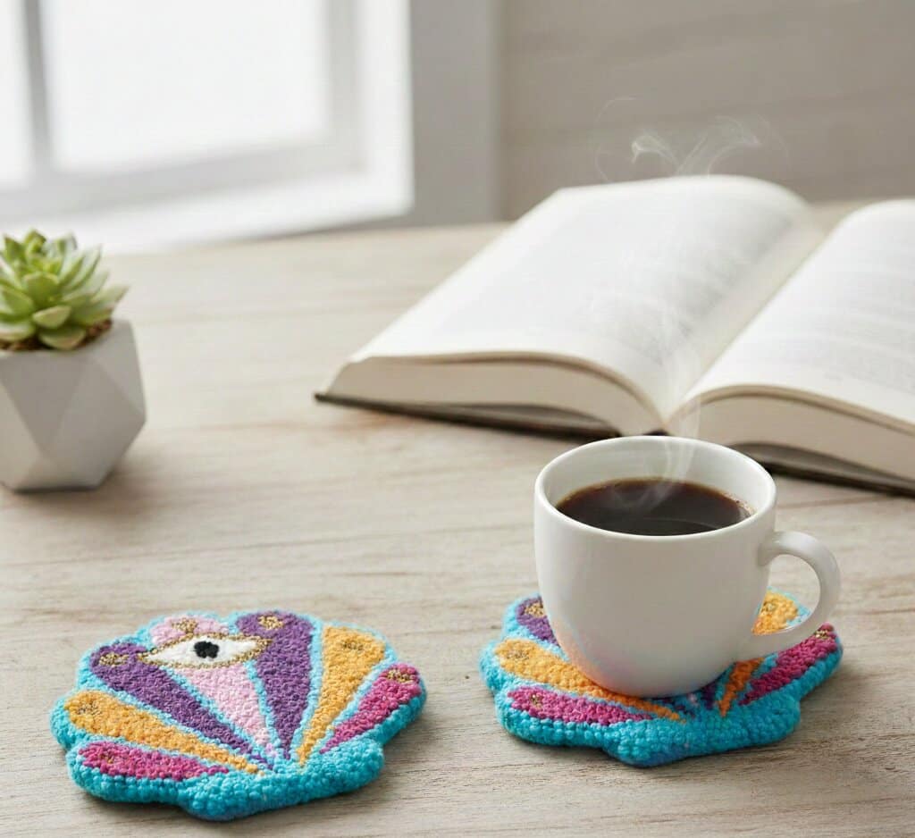 Punch Needle Evil Eye or Sea Shell Coaster