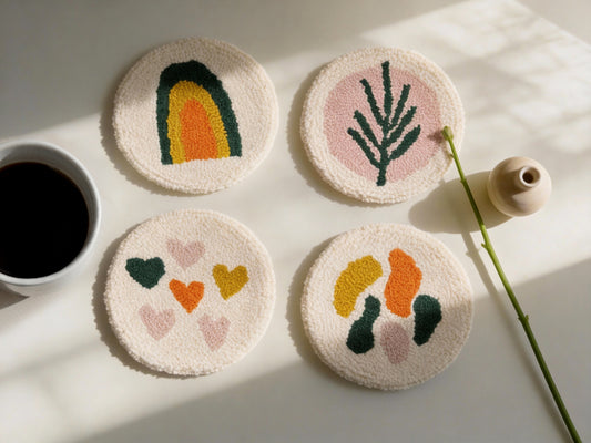 Four round woven coasters with colorful designs on a light surface with a cup of coffee and a vase.
