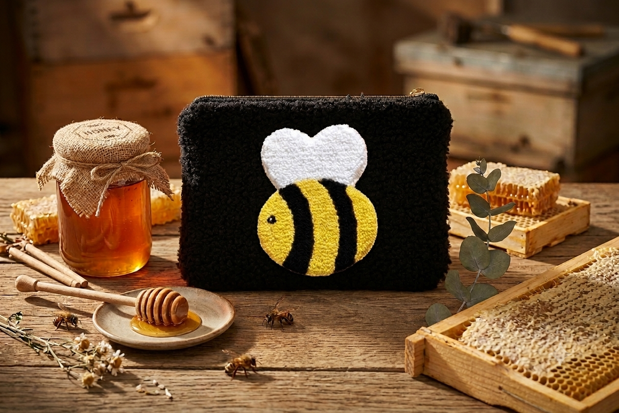 A black fuzzy pouch with a yellow and black bee applique and a white heart-shaped wing detail, styled on a rustic wooden table with honey, honeycomb, and beeswax frames.