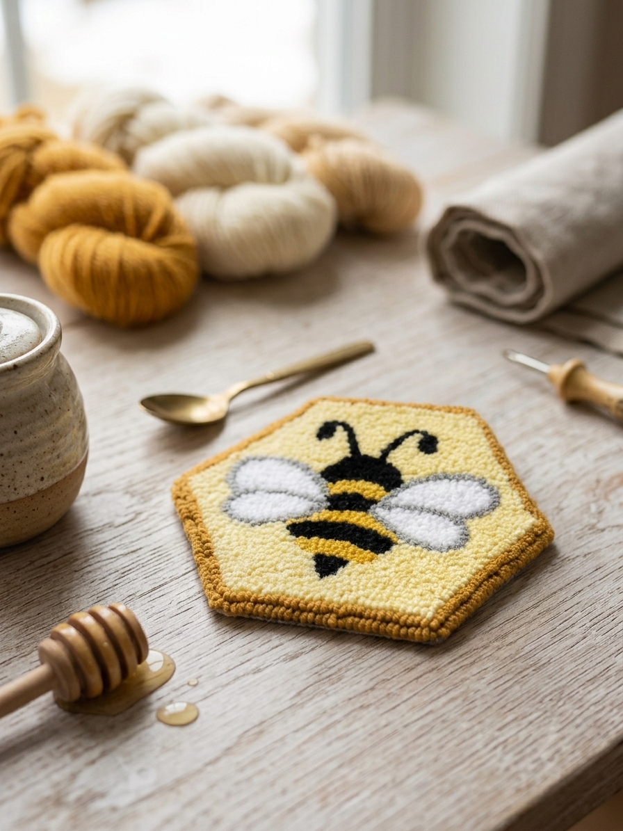 Punch needle bee hexagon coaster