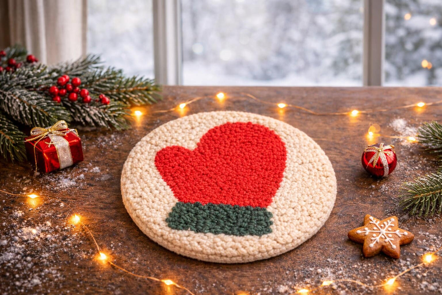 Christmas mitten punch needle coaster on wooden table