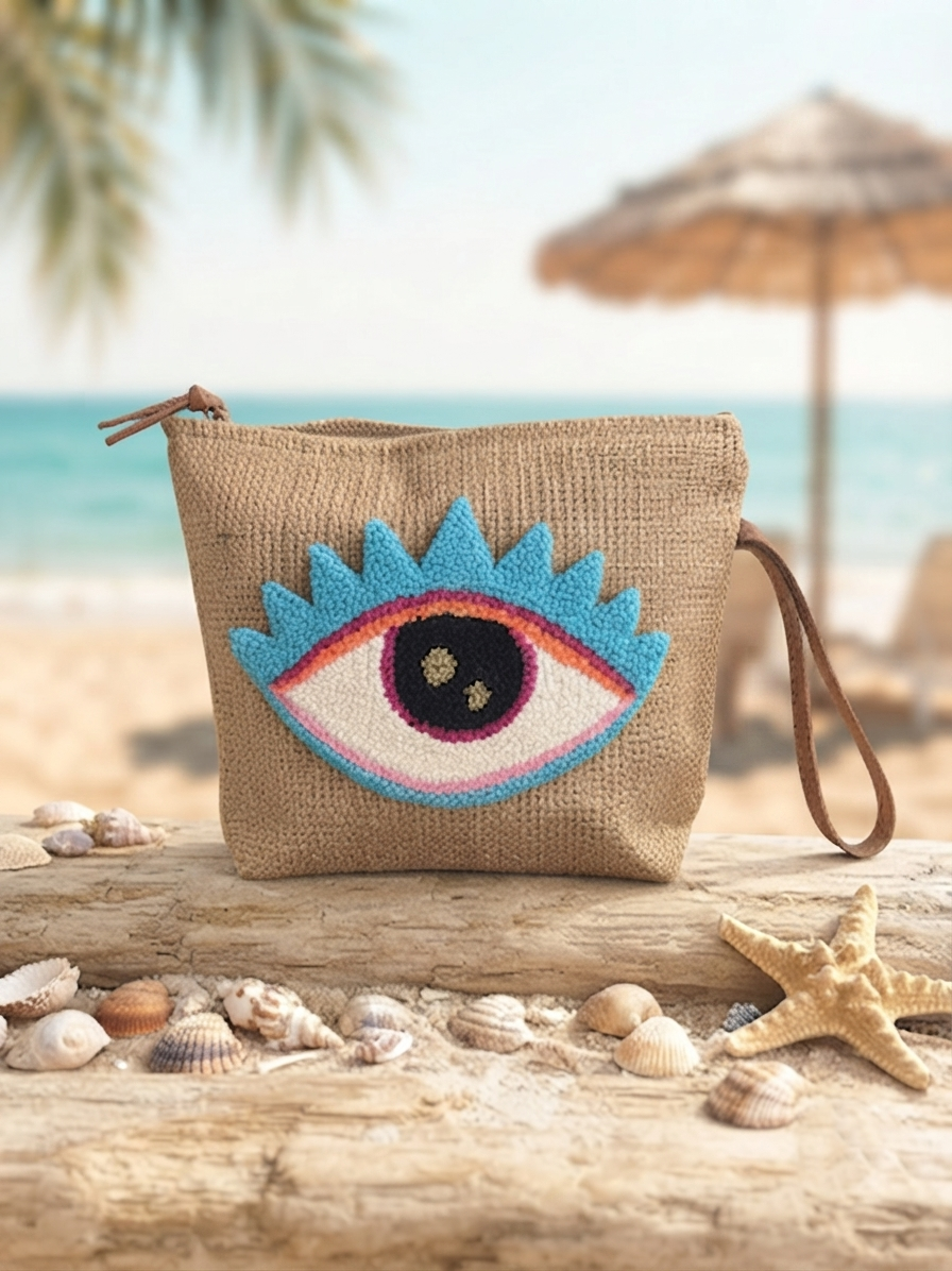 Evil Eye Punch Needle Jute Clutch Bag