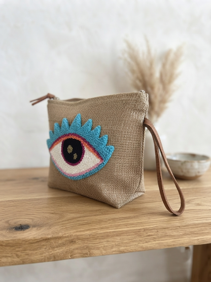 Evil Eye Punch Needle Jute Clutch Bag