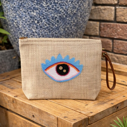 Evil Eye Punch Needle Jute Clutch Bag